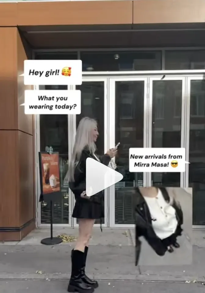 New Arrivals reel with text-bubble dialogue: “Hey girl! What you wearing today?”
